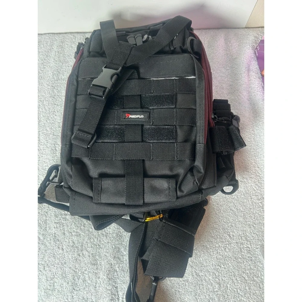 Piscifun Fishing Tackle Bag Sling Shoulder Backpack Black Burgundy Outdoor Pack